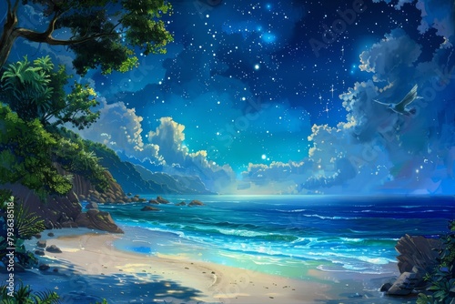 Peaceful seaside scene with a tranquil beach and a starry sky, perfect for a lullaby-themed nursery mural © Cloudyew