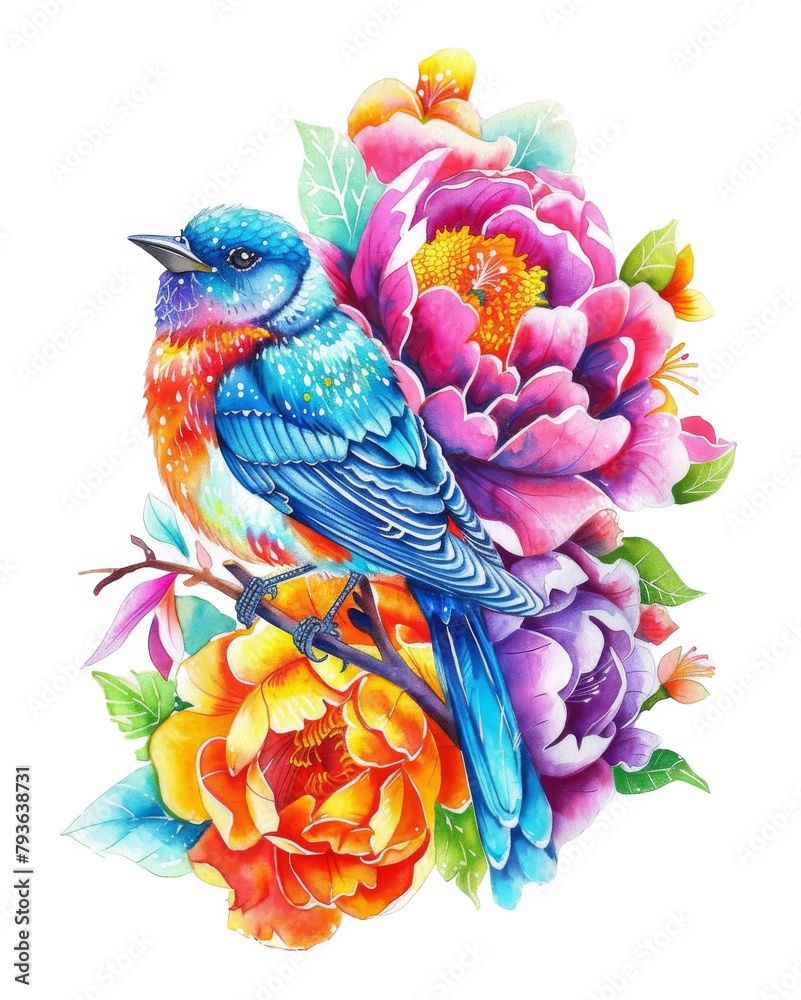 Fototapeta premium A dazzling bird adorned with a spectrum of colors perches gracefully upon lush peonies in this detailed watercolor illustration.