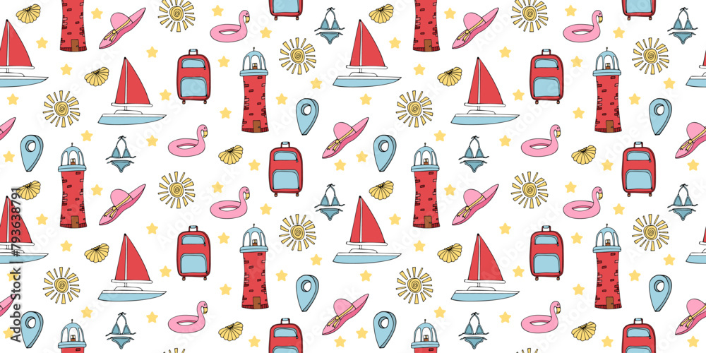 Summer kids seamless pattern with lighthouses, sailboats and other travel elements in colored doodle style. Rectangular horizontal texture on changeable white background in bright color palette.