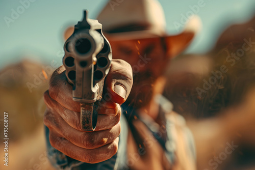 Generative ai on theme of a unshaven cowboy in leather hat with a pistol in a powerful male hand photo