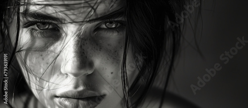 Close-up of a woman s intense look  with windswept hair and a shadowy  textured backdrop - Unbreakable  Gritty  and a Survivor Concept Image