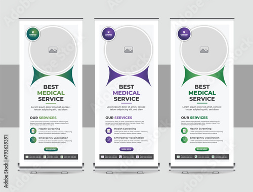 New modern medical clinic roll up banner, minimal x banner stand design layout for commercial