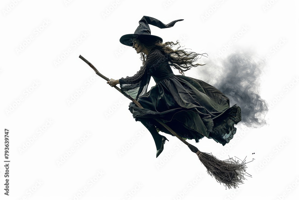 Scary witch flying on a broomstick with a transparent white background