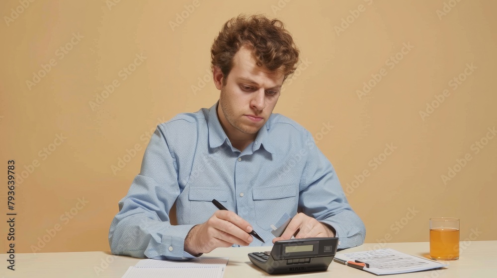 An accountant in a light blue shirt, concentrating on a calculator, brows furrowed in focus, against a simple cream background, styled as a candid professional moment. An accountant in a light blue shirt, concentrating on a calculator, brows furrowed in focus, against a simple cream background, styled as a candid professional moment.