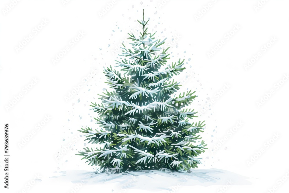 Snowy Christmas tree against a transparent white background, ideal for festive illustrations