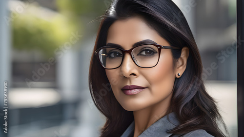 A middle-aged Indian female executive wearing sunglasses, set against the backdrop of an office commercial district and a high-rise technology company in a financial district
