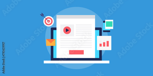 Content strategy for targeting internet users, blog, email marketing, social media post on mobile and audience analytics vector illustration.