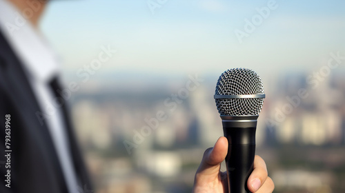 A close up of a reporter holding a microphone photo