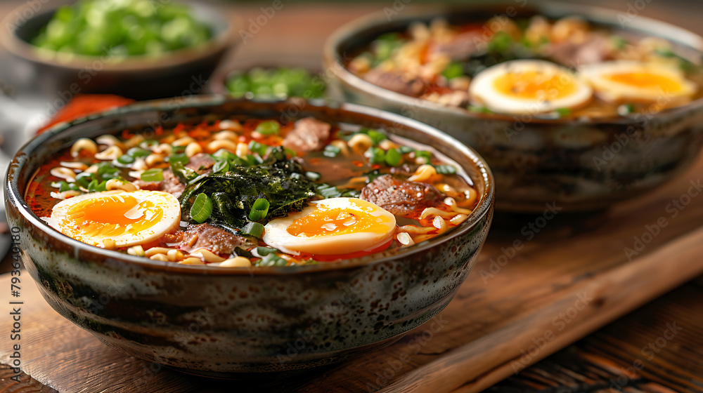 Ramen bowl with boiled eggs and shiitake mushroom