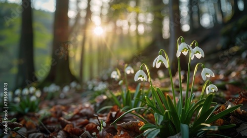 Leucojum vernum flowers in the forest during springtime in the mountains