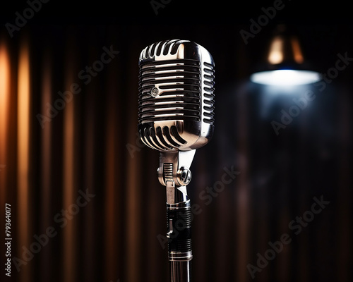 A close up of a vintage microphone with a spotlight in the background.