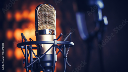A gold-colored studio microphone with a pop filter in front of it.