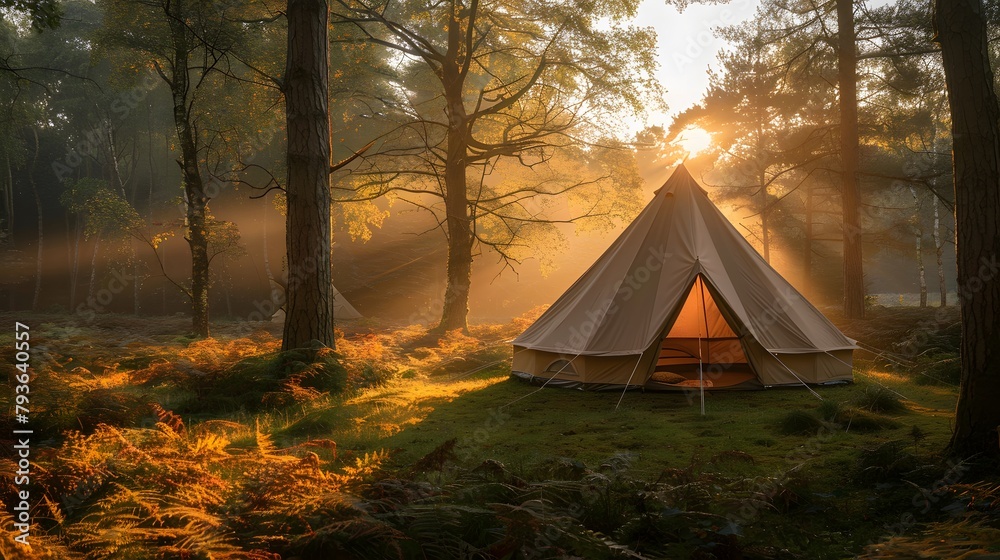 Charming Tent Nestled In A Secluded Glade, With The Golden Rays Of Sunset