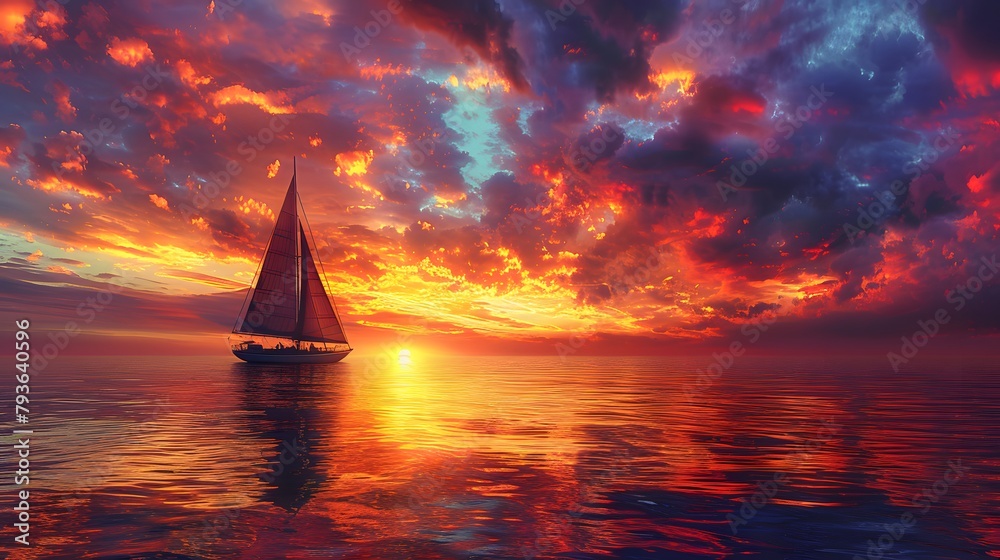 Sailing Boat Against The Backdrop Of A Vibrant Sunrise Sky