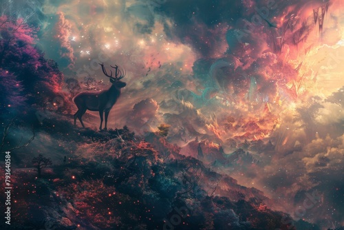 A deer stands on a hill in a colorful, fantastical landscape. The sky is filled with clouds and stars, and the colors are vibrant and surreal