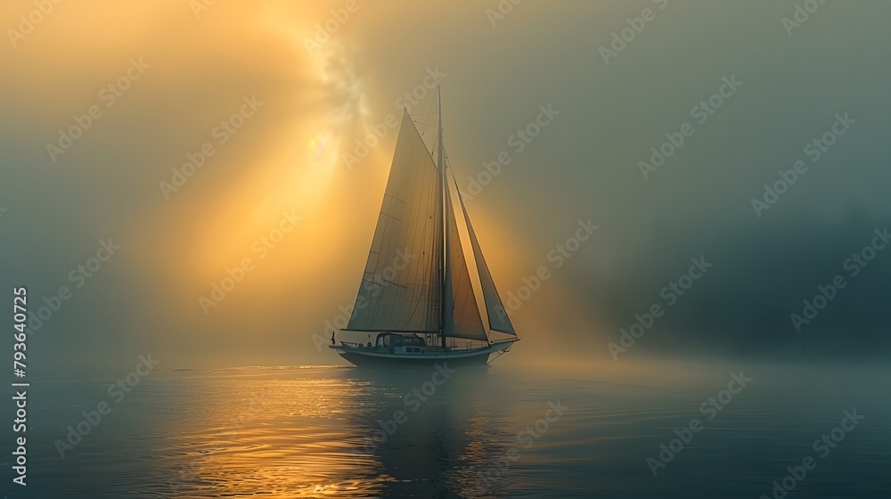 Sailing Boat Navigating Through A Dense Blanket Of Fog