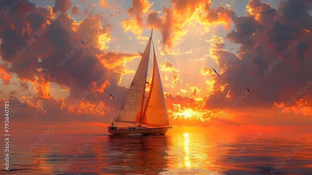 Serene Sailing Boat Gliding Gracefully Over Calm, Golden-hued Waters 