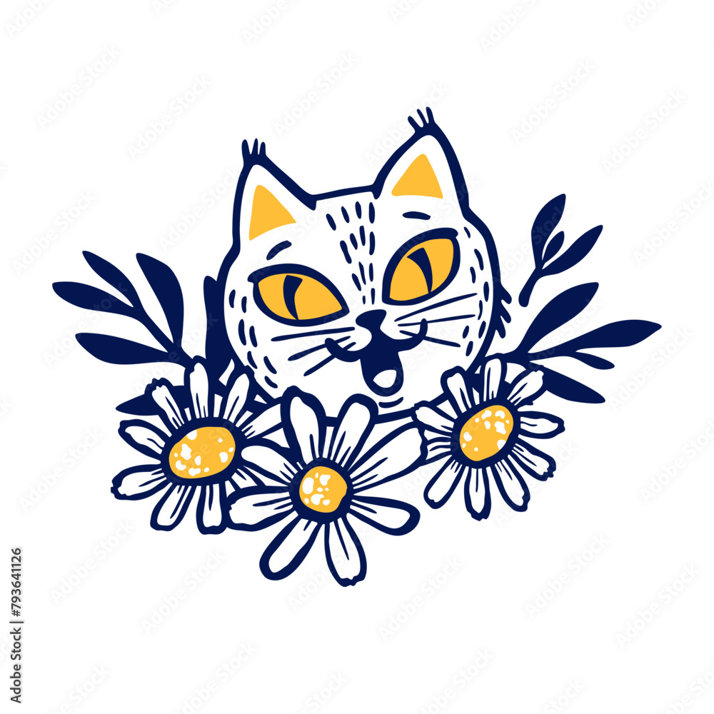 Obraz premium Funny cartoon cats heads in spring flowers, funny print for fabric, wallpaper, wrapping, textile, t-shirt. Isolated on white background. Vector illustration