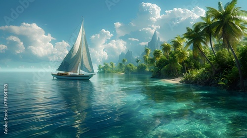 Tranquil Tropical Scene Of A Sailing Boat Gliding Serenely Over Crystal-clear Waters