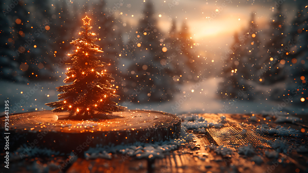 Festive banner mockup wooden table with Christmas trees background 