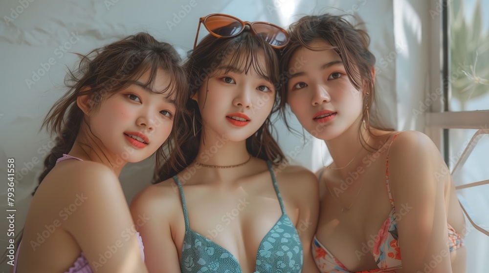 Three young Asian women in bikinis, friends and self-love.