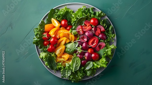 heart health with a picturesque image of a colorful salad made with fresh ingredients, arranged artistically on a white plate against a vibrant green backdrop, captured in high resolution.