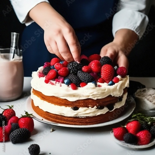 the pastry chef decorates the cake with berries. cooking and desserts.