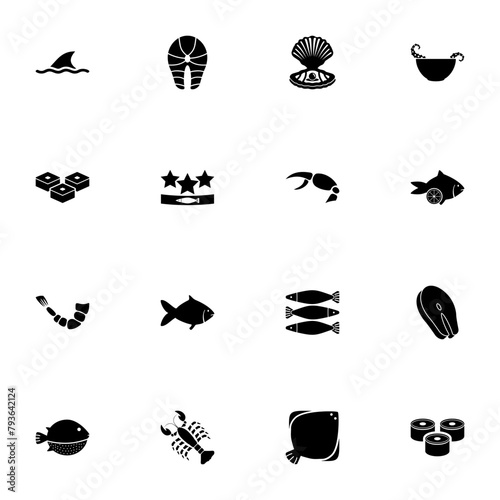 Seafood icon - Expand to any size - Change to any colour. Perfect Flat Vector Contains such Icons as salmon steak, sushi, soup, caviar, grilled fish, shell, oyster, crab, shellfish, octopus, lobster