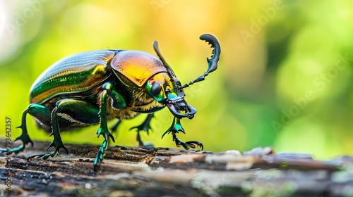 Beetle : Sawtooth beetle is a species of stag beetle in Lucanidae family found on New Guinea and Papua. Beautiful Gold and green metallic color beetles, selective focus photo