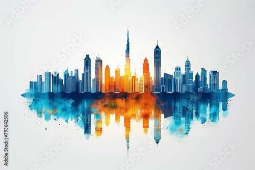 Watercolor colorful illustration of a city skyline with modern skyscrapers on a white background.