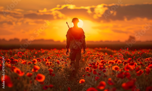Memorial Day or Independence Day banner. A soldier walks through a poppy field at sunset. Silhouette of a soldier in the sun.