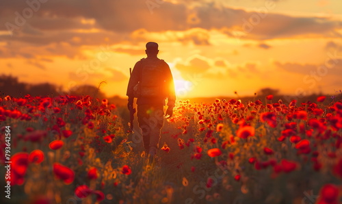 Memorial Day or Independence Day banner. A soldier walks through a poppy field at sunset. Silhouette of a soldier in the sun.