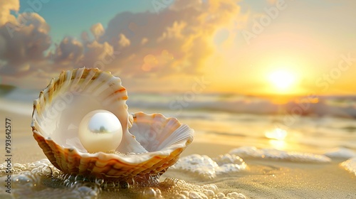Beautiful white pearl inside golden shell on a beach, sundown. photo