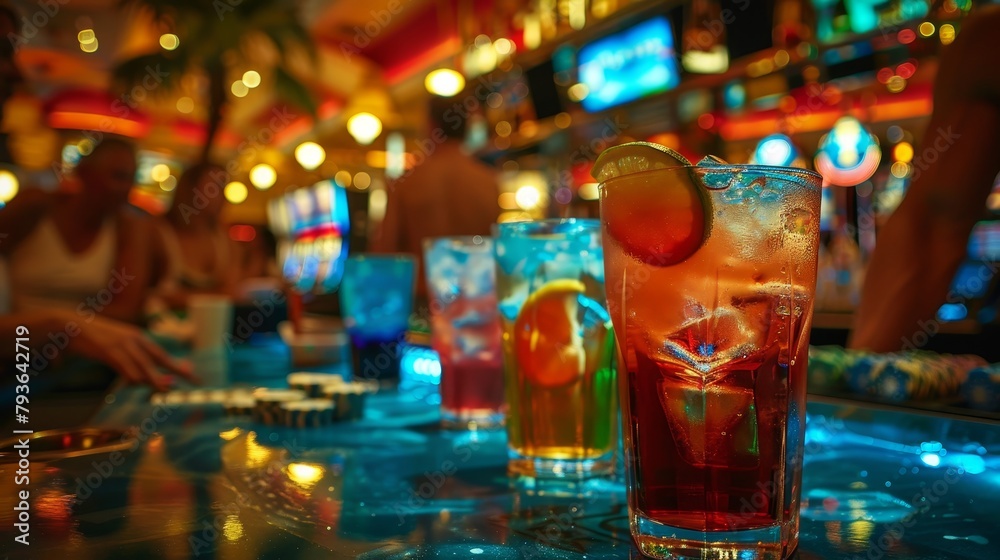 Casino Atmosphere: A snapshot of a casino bar, with colorful cocktails and drinks being served to customers