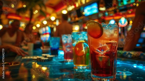 Casino Atmosphere: A snapshot of a casino bar, with colorful cocktails and drinks being served to customers