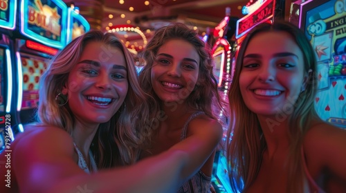 Casino Atmosphere: A snapshot of a group of friends taking a selfie in front of a slot machine