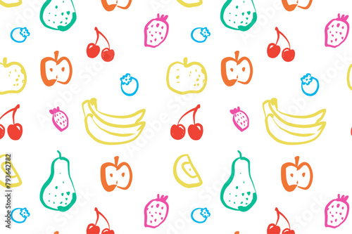 Colourful fruits hand drawn seamless pattern isolated on white background. Wallpaper with cherry, blueberry, banana line art illustration. Design for healthy eating and food packaging. 