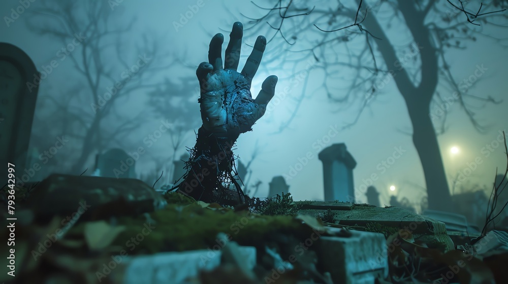 Decayed hand rising from a grave in a foggy cemetery at night