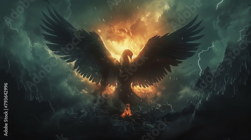 Dark, nightmarish phoenix rising from ashes in a hellish scene photo