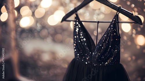 Beautiful black evening sparkly dress for wedding, party or prom hanging on a hanger