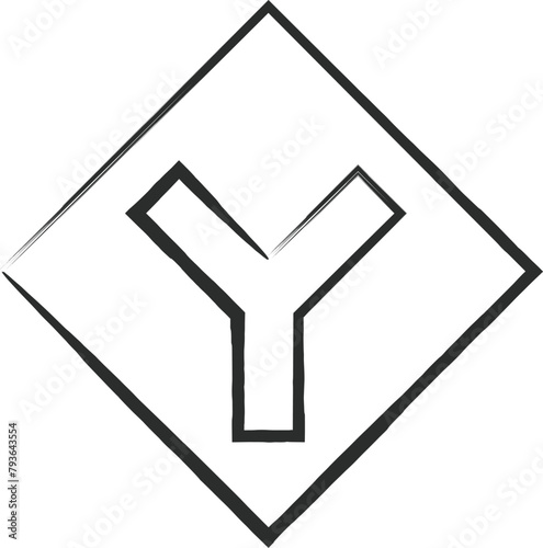 シンプルな標識の筆書き単品イラスト　Y形道路交差点あり