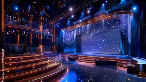 Luxury and Glamour: A photo of a casino showroom, featuring a glamorous stage setup, dazzling lights, and a sophisticated audience