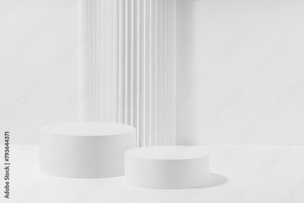 Abstract scene with two white round podiums with striped pillar as decoration, mockup on white background. Template for presentation cosmetic products, gifts, advertising, design in fashion style. Abstract scene with two white round podiums with striped pillar as decoration, mockup on white background. Template for presentation cosmetic products, gifts, advertising, design in fashion style.