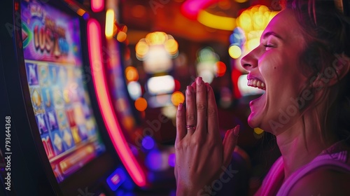 Playing Slot Machines: A photo of a person cheering and clapping while playing a slot machine