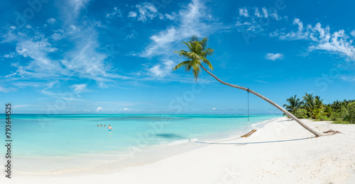 Dreamy beach in Maldives with overhanging palm tree with rope swing photo