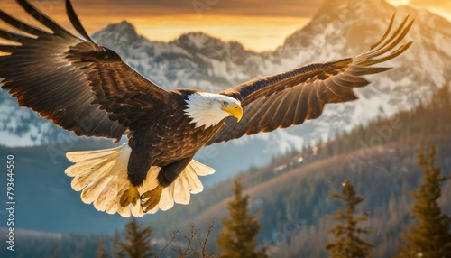 Wings of Freedom: Majestic Bald Eagle in Flight at Sunset"