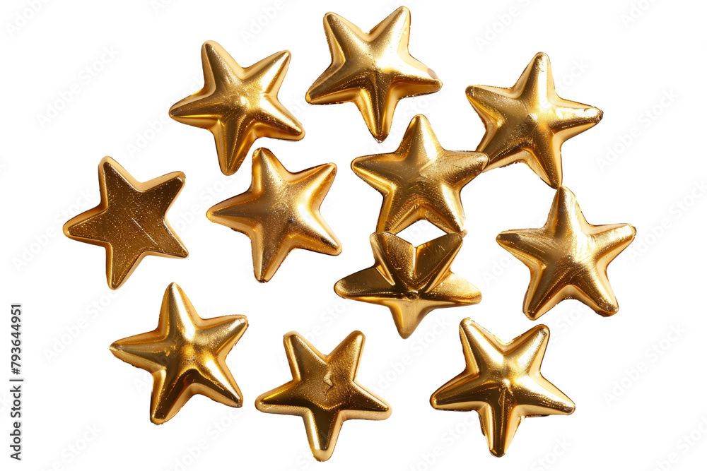 Collection of shiny gold star shapes arranged elegantly on a clean white background Collection of shiny gold star shapes arranged elegantly on a clean white background