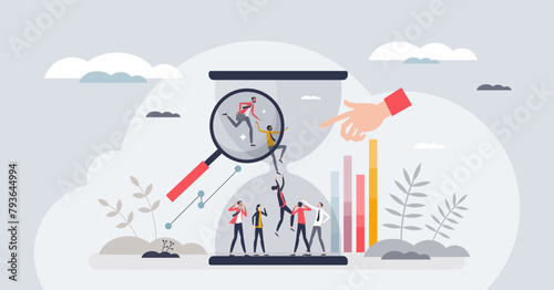 Turnover statistics as time period for employee leaving business tiny person concept. Human resources research for labor and colleagues rotation or resignation vector illustration. Company stability