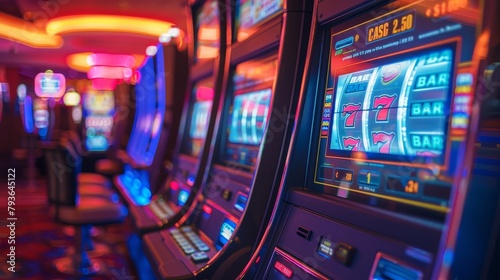 Slot Machine Backgrounds: A photo of a modern video slot machine with a digital display and interactive buttons