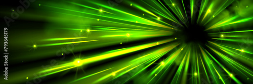 Green speed light effect burst from circle vector background. Abstract neon energy tunnel with radial flash explosion. Laser ray dynamic power glow with sparkle futuristic bg. Time lapse technology